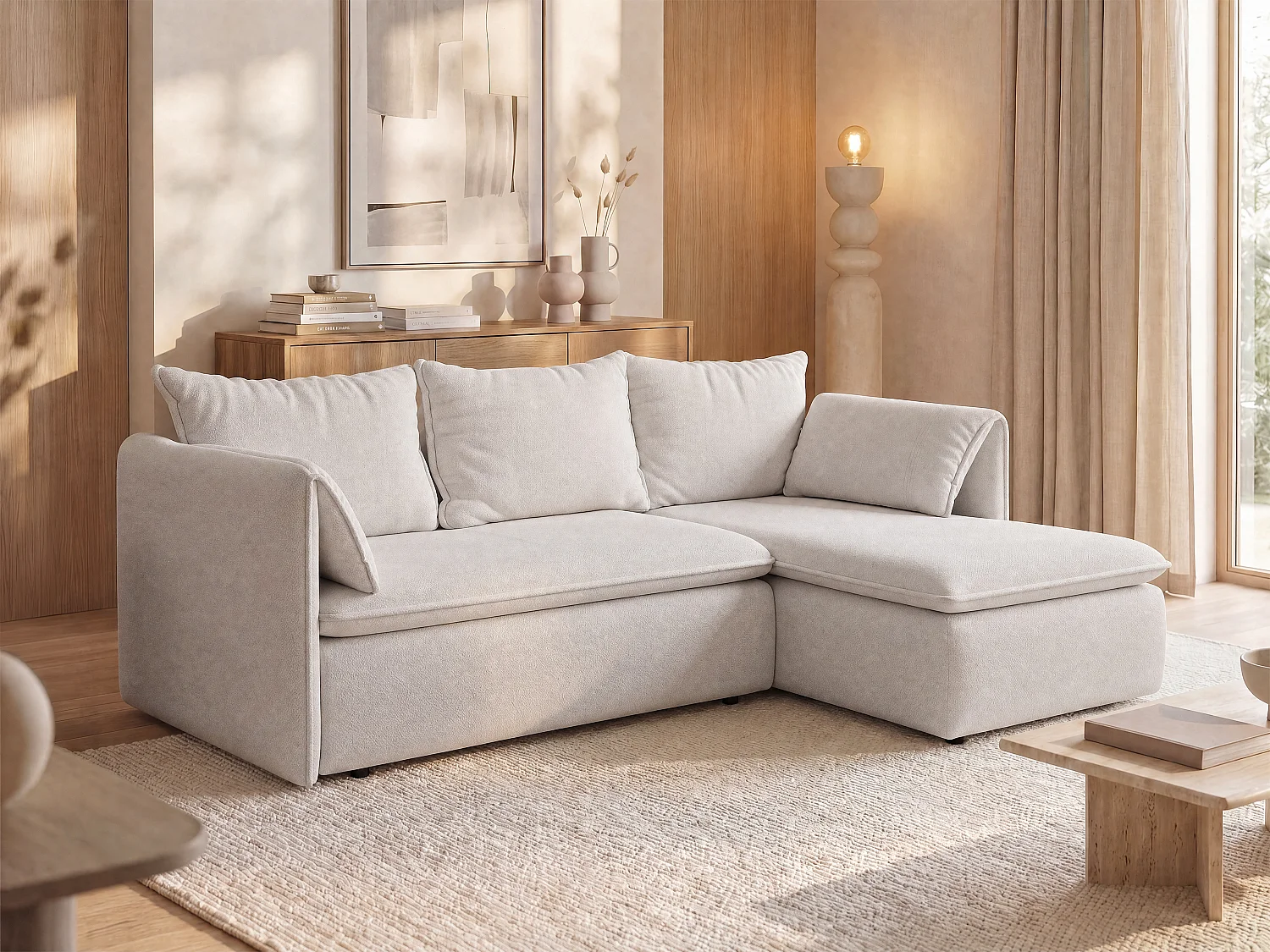Canapé d'angle droit convertible en tissu texturé beige TEODORA