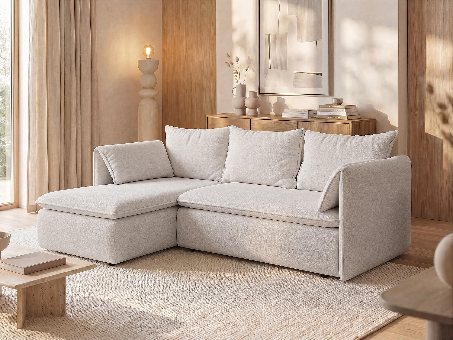 Hoekslaapbank met hoek links van beige stof met textuur AMELIA