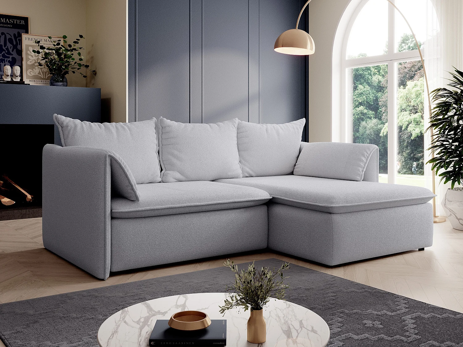 Canapé d'angle droit convertible en tissu texturé gris TEODORA