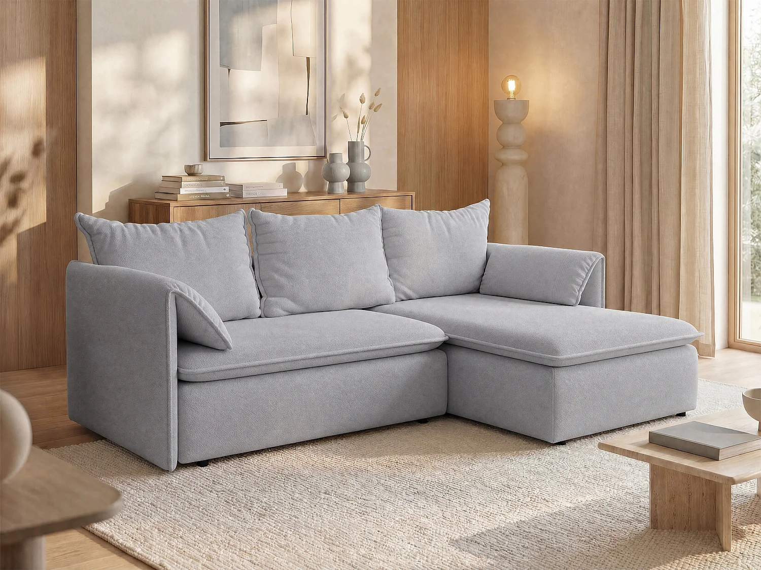 Right-hand corner sofa bed in textured grey fabric TEODORA