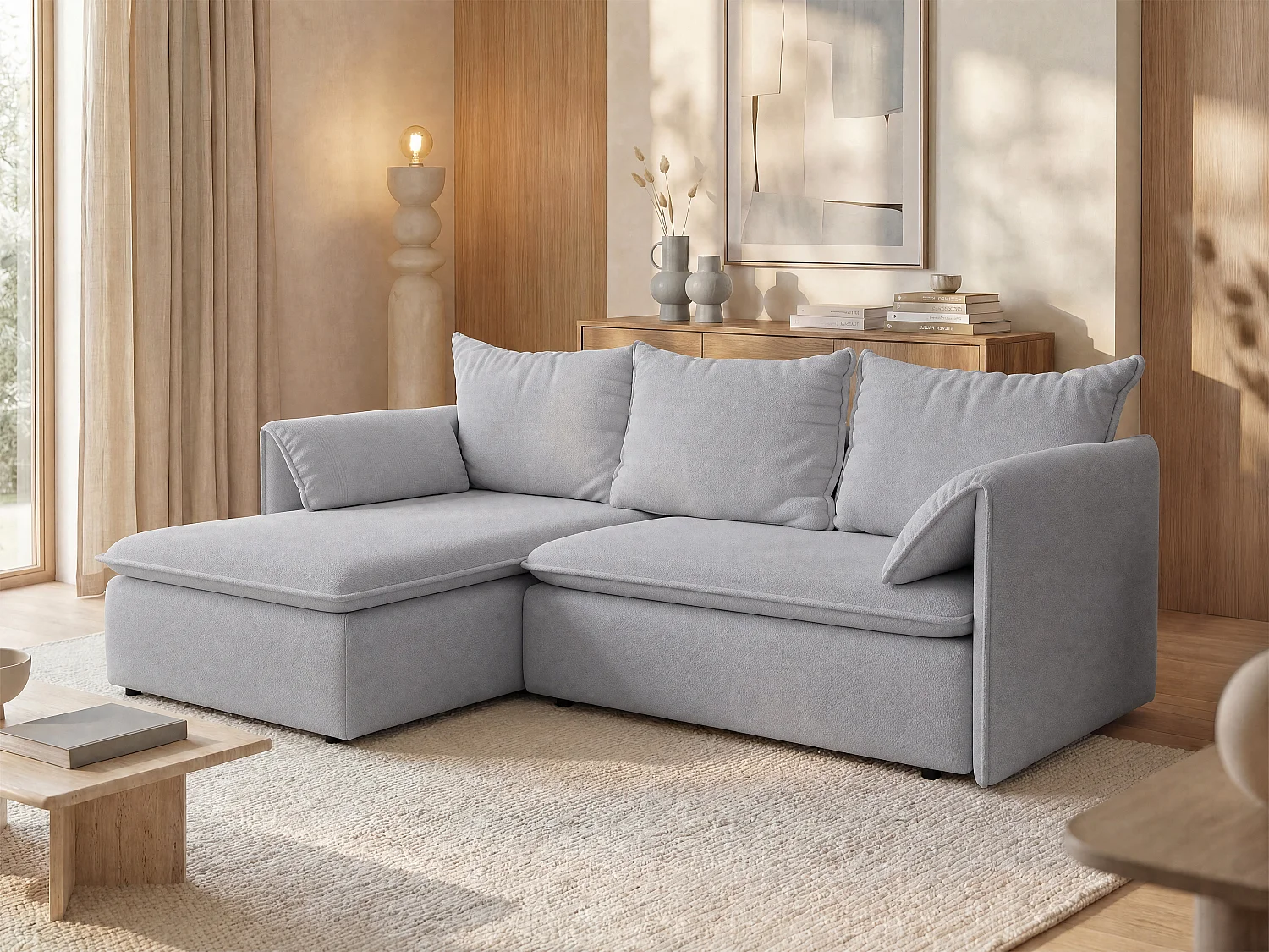 Canapé d'angle gauche convertible en tissu texturé gris TEODORA