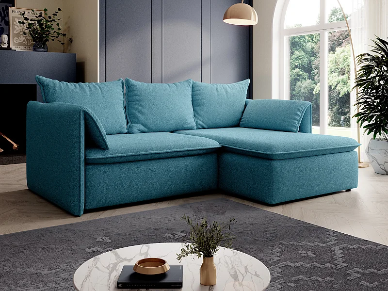 Sofá cama rinconera derecha de tela azul TEODORA