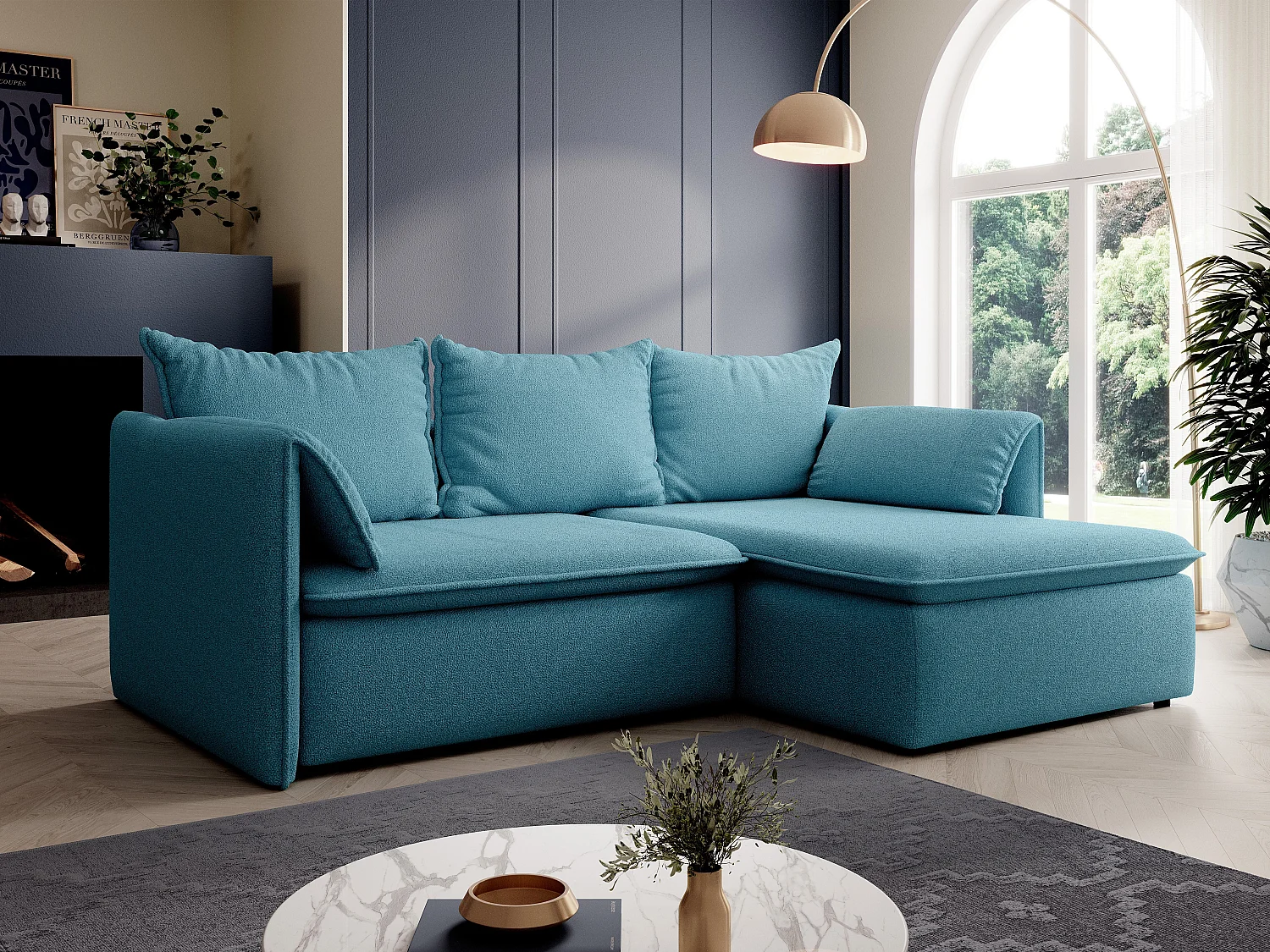 Ecksofa mit Schlaffunktion - Ecke rechts - Strukturstoff - Blau - TEODORA