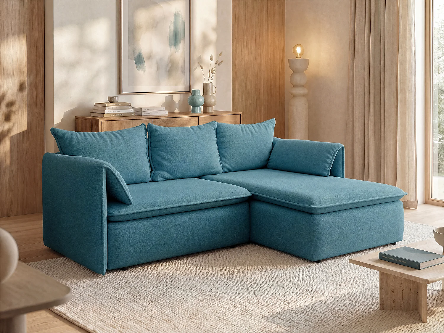 Canapé d'angle droit convertible en tissu texturé bleu TEODORA