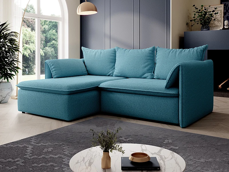 Canapé d'angle gauche convertible en tissu texturé bleu TEODORA