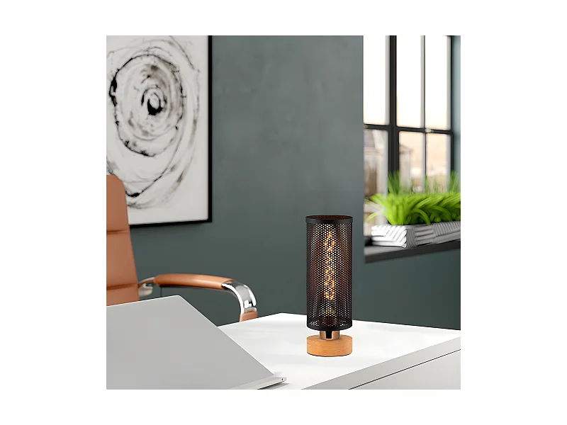 Lampada da tavolo Marismo con base in legno e paralume cilindrico 1xE27 - Nero e Legno