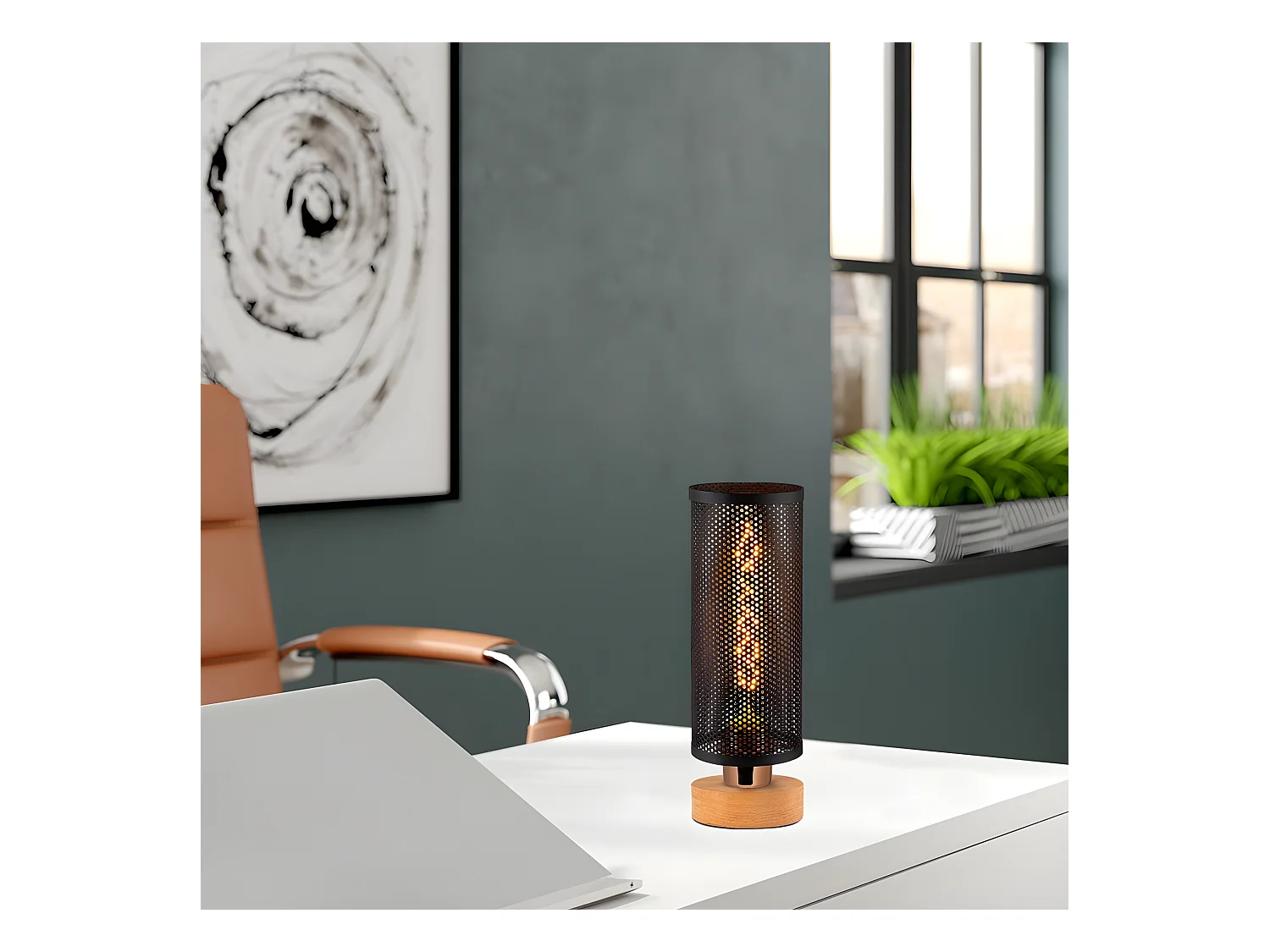 Tischleuchte mit Holzsockel und zylindrischem Lampenschirm 1xE27 – Schwarz und Holz