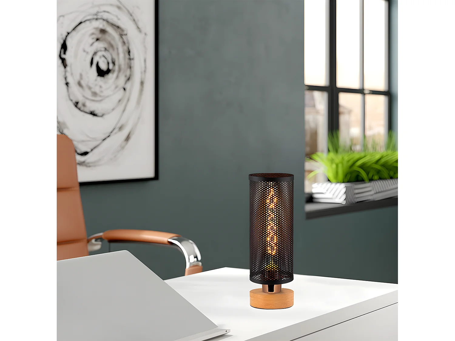 Lampe à poser Marismo avec socle en bois et abat-jour cylindrique 1xE27 - Noir et Bois