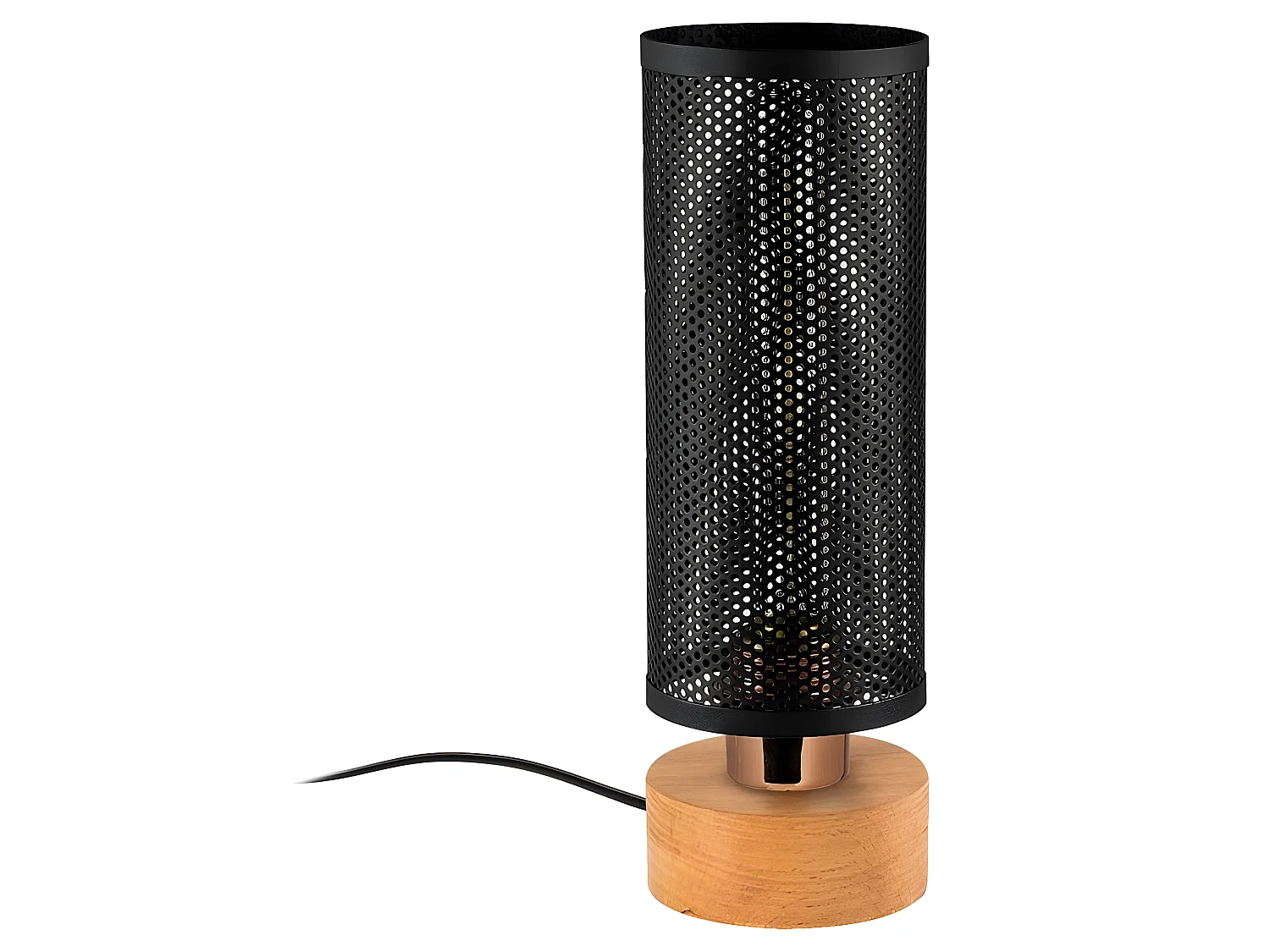 Lampe à poser Marismo avec socle en bois et abat-jour cylindrique 1xE27 - Noir et Bois