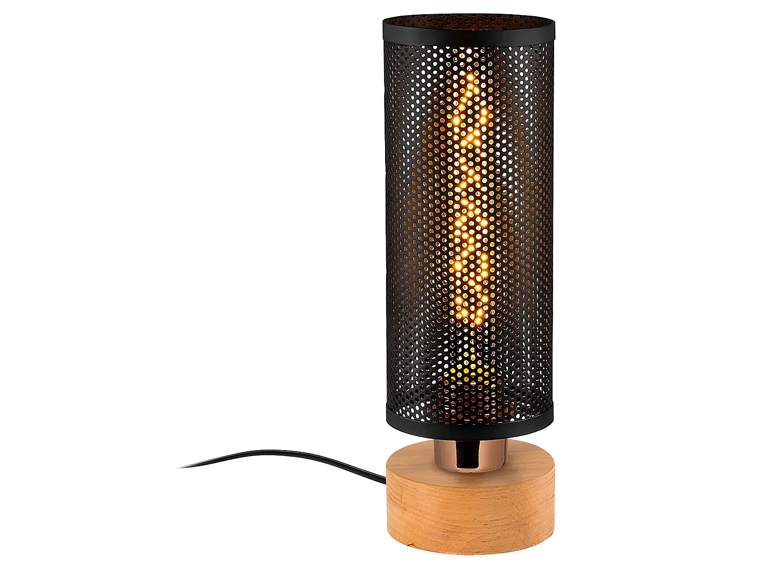 Lampe à poser Marismo avec socle en bois et abat-jour cylindrique 1xE27 - Noir et Bois