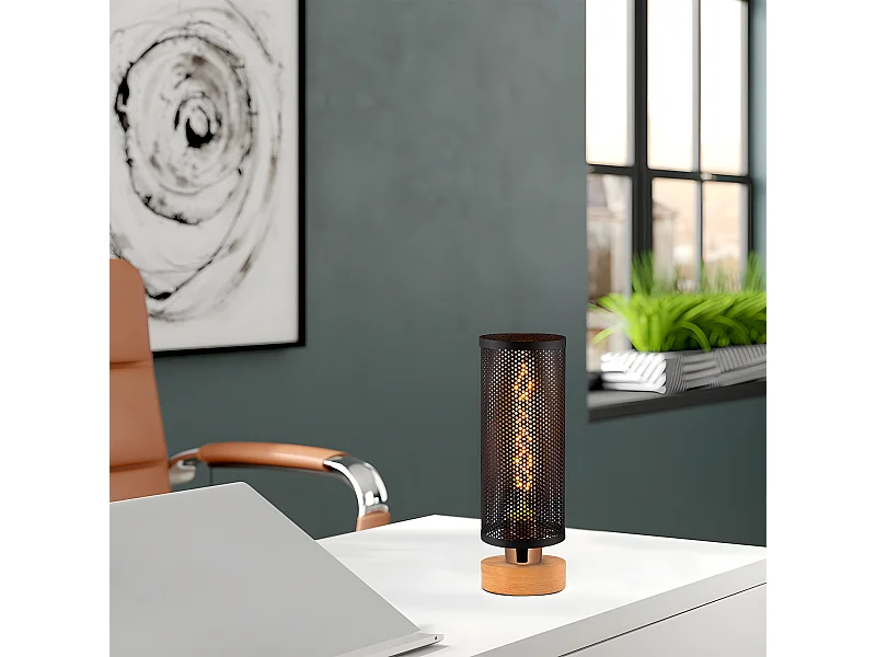 Lampe à poser Marismo avec socle en bois et abat-jour cylindrique 1xE27 - Noir et Bois