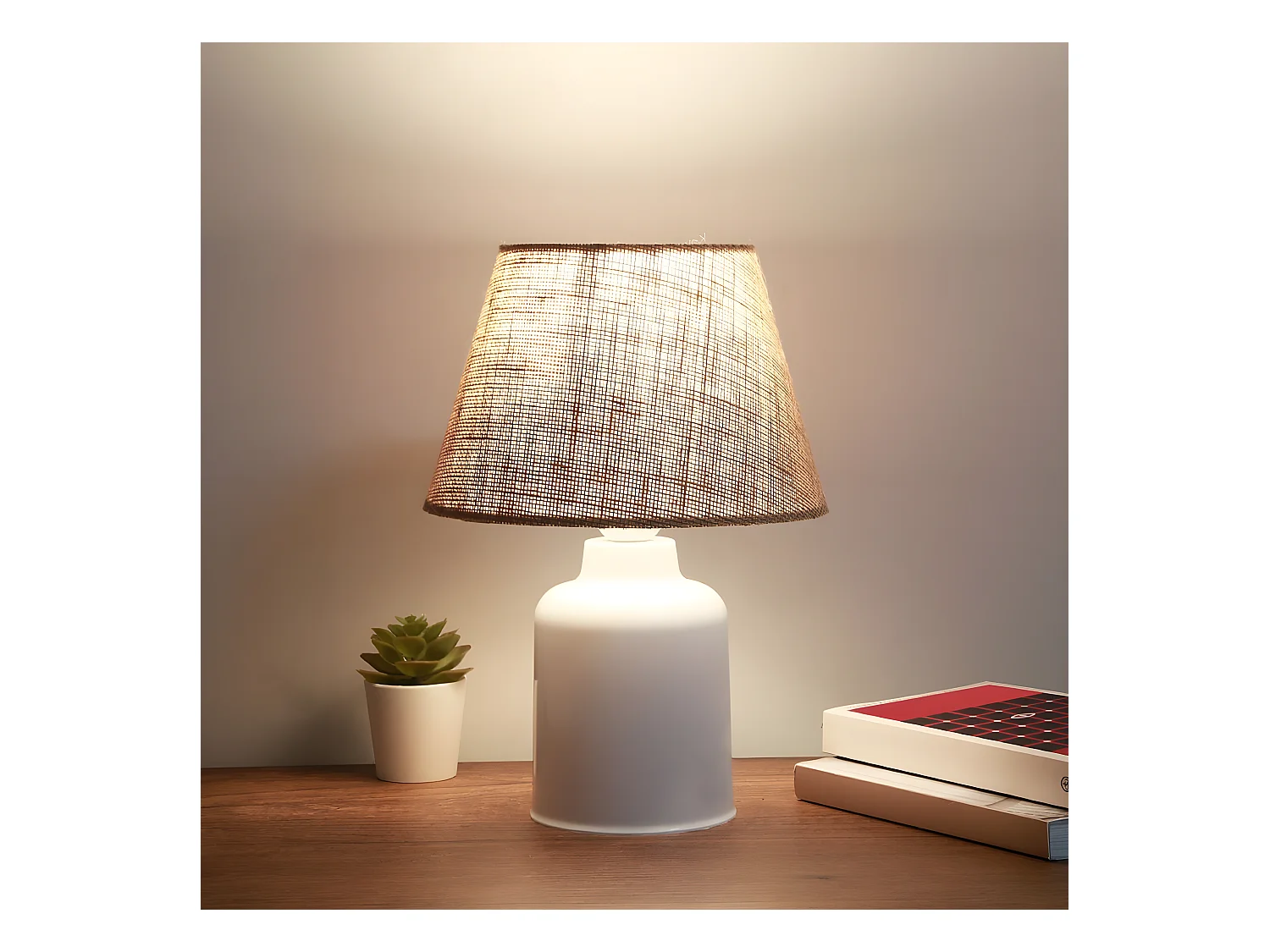 Lampe à poser Iberle avec pied en plastique et abat-jour en jute 1xE27 - Blanc