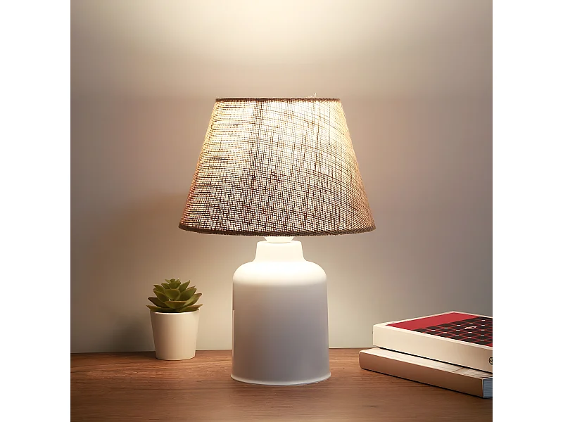 Lampada da tavolo Iberle con base in plastica e paralume in iuta 1xE27 - Bianco