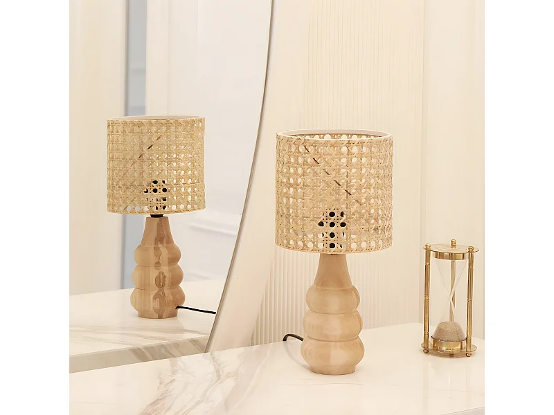 Merraneo tafellamp met originele houten voet en rotan kap 1xE14 - Beige