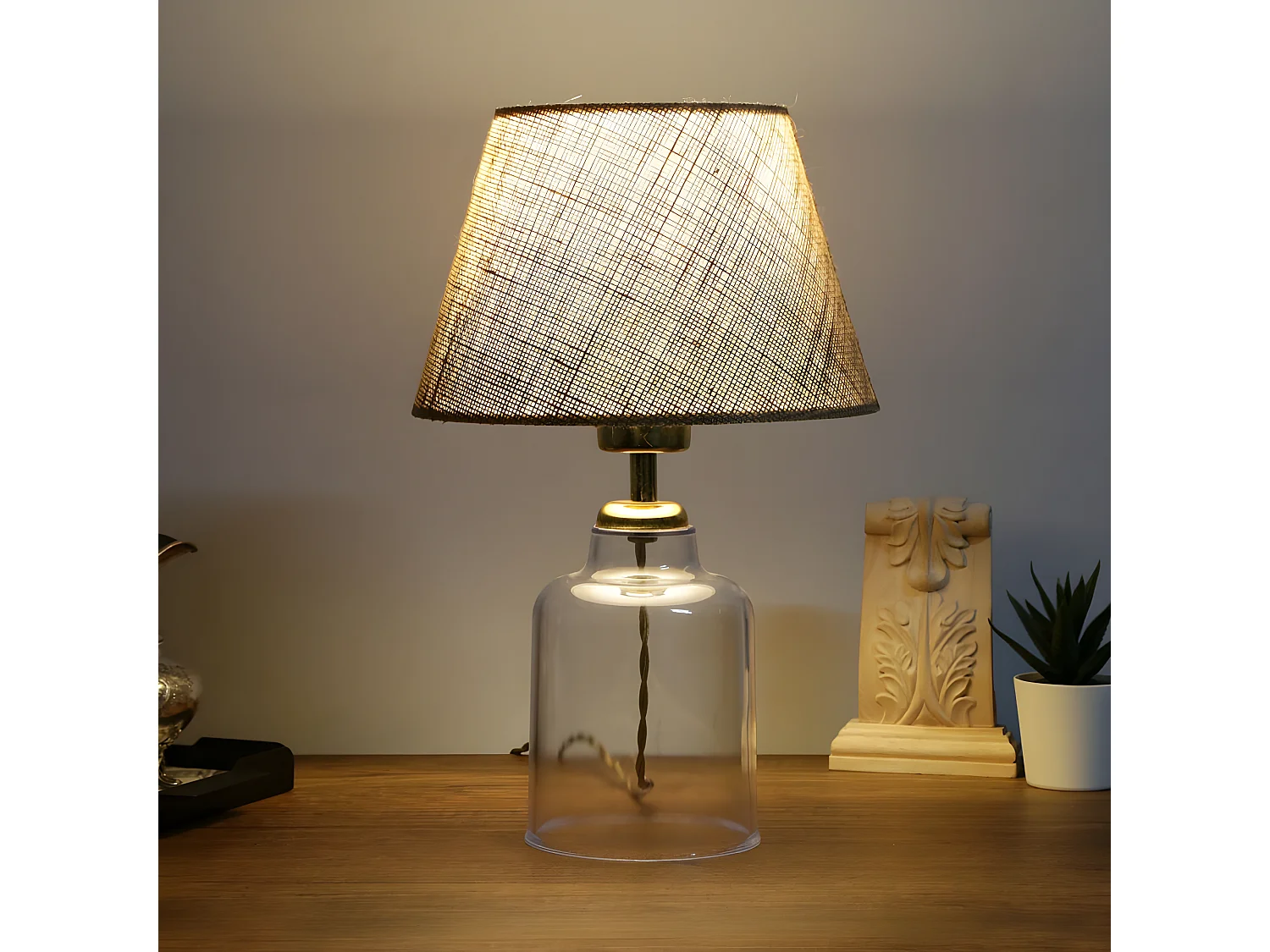 Lampe à poser Damiso avec base en plastique et abat-jour en tissu 1xE14 - Crème