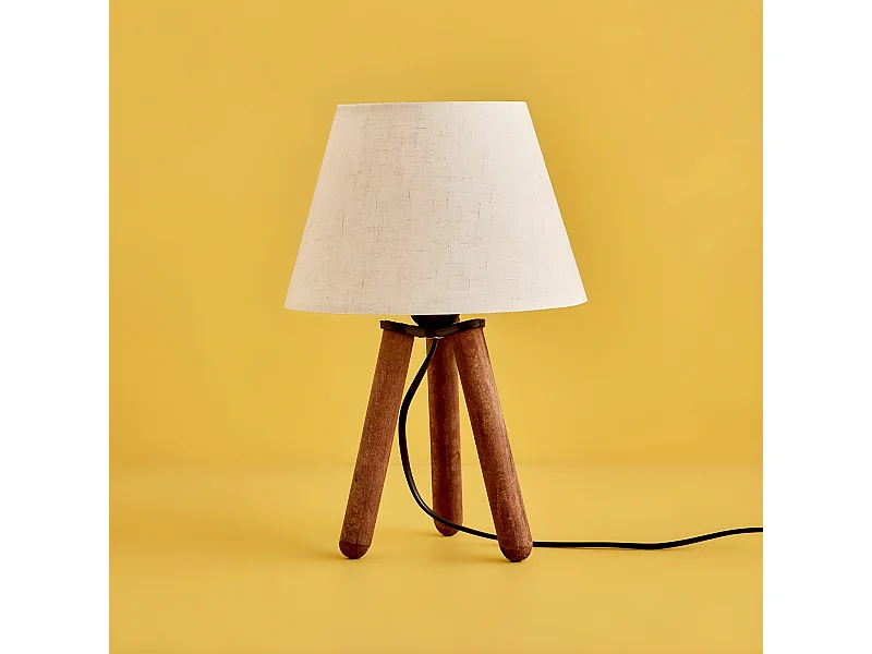 Lampe à poser trépied Yago avec pieds en bois et abat-jour en tissu 1xE27 - Beige