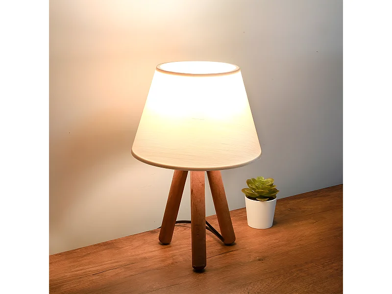 Laresma driepoot tafellamp met houten poten en stoffen kap 1xE27 - Crème