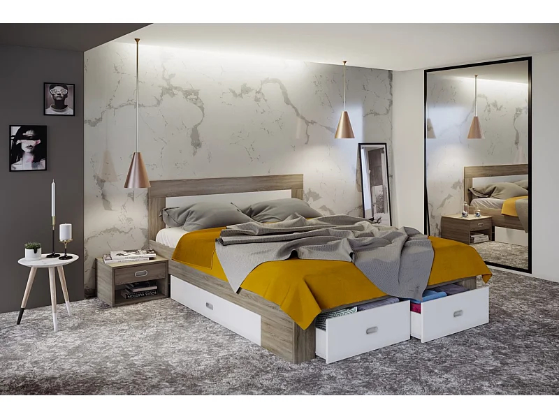 Lit Kettler / 160x200 / plateau en bois / tiroirs / marron blanc