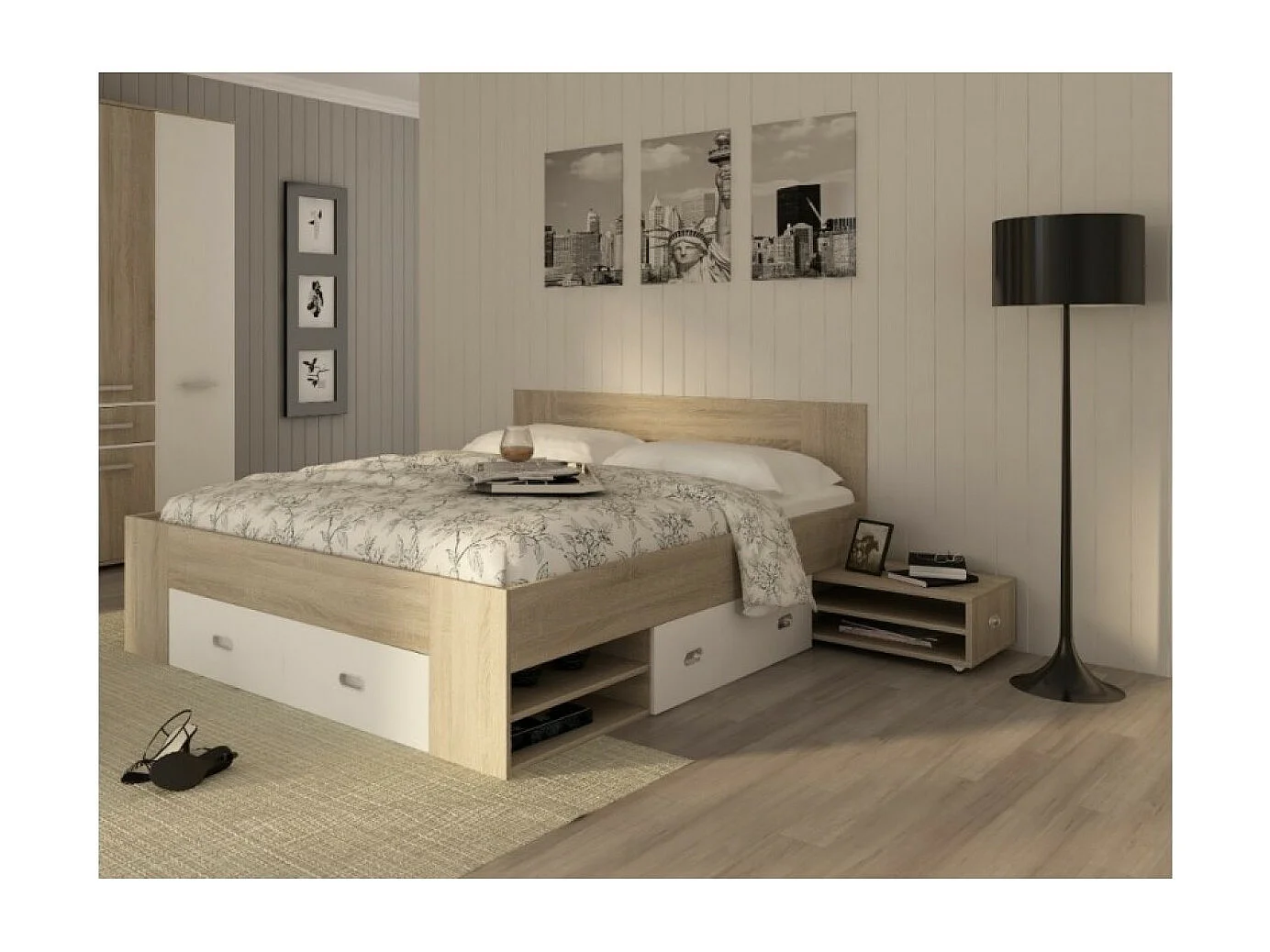 Lit Kettler / 160x200 / plateau en bois / tiroirs / marron blanc