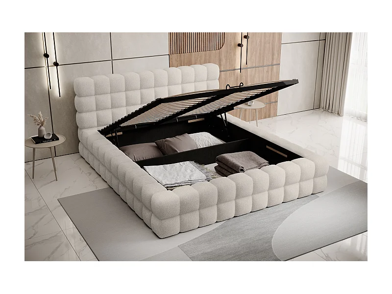 Lit coffre design avec capitonnage tissu à bouclettes Kaizer-Couleur Beige clair-160x200