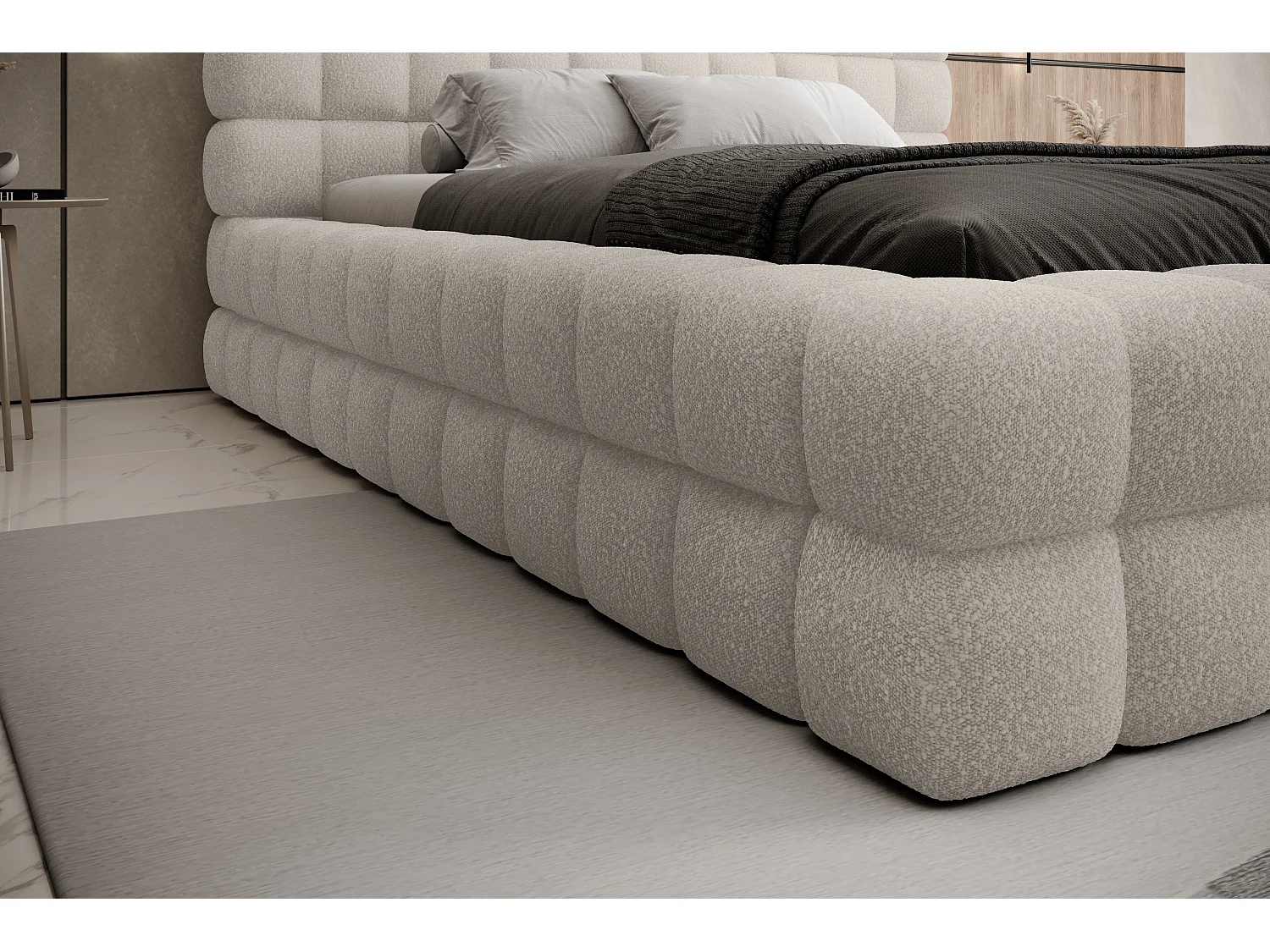 Lit coffre design avec capitonnage tissu à bouclettes Kaizer-Couleur Beige clair-160x200