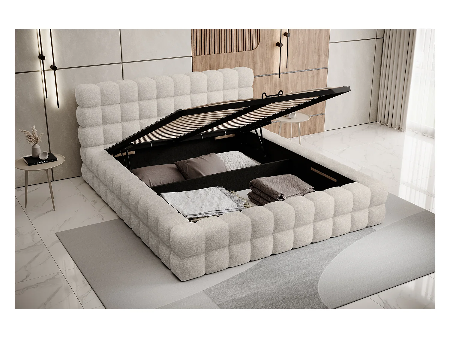 Lit coffre design avec capitonnage tissu à bouclettes Kaizer-Couleur Beige clair-160x200