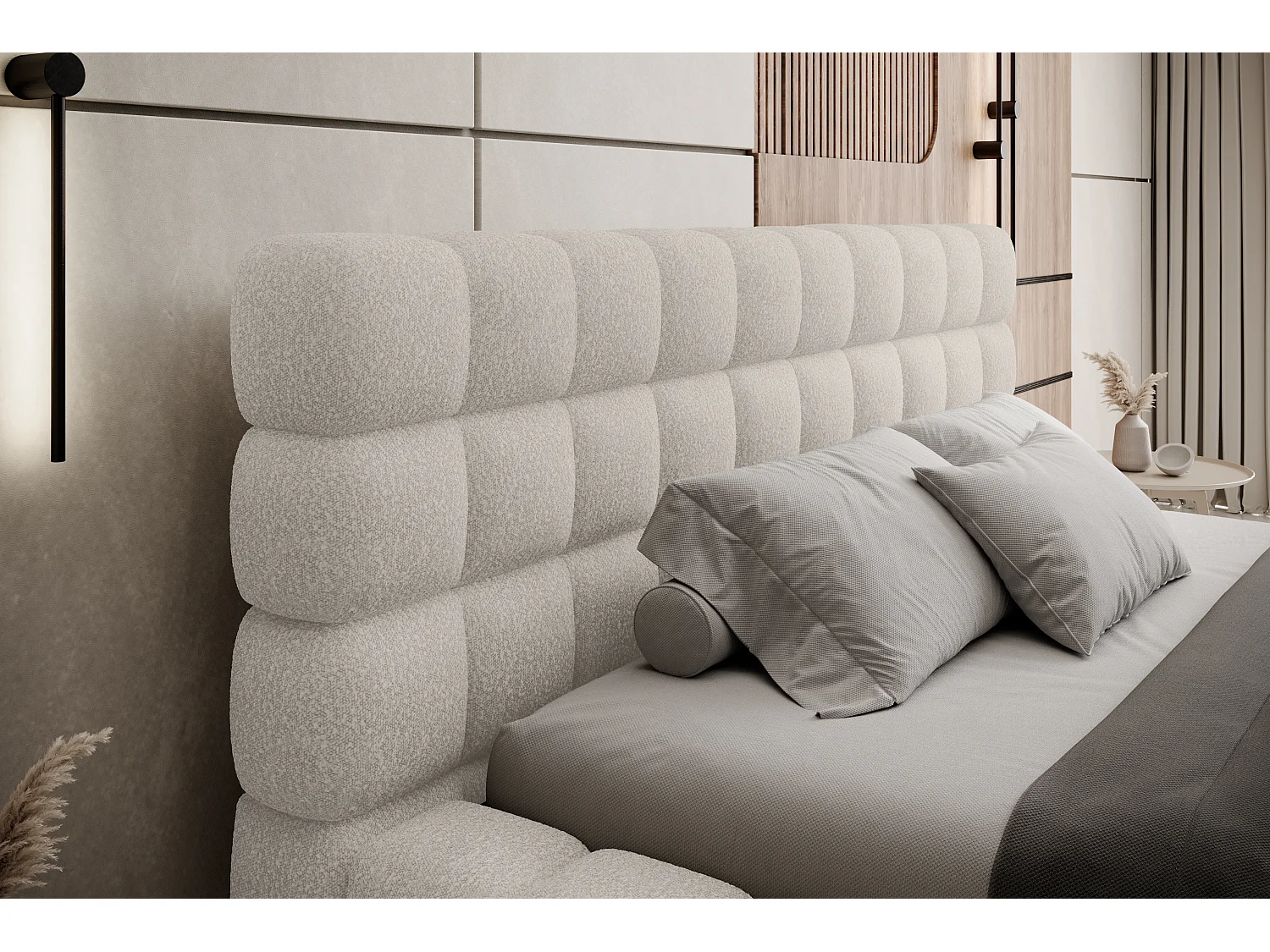 Bed met Kaizer prestige opbergbox – Gewatteerde stoffen bekleding-Kleur Licht beige-Slapen 160x200cm