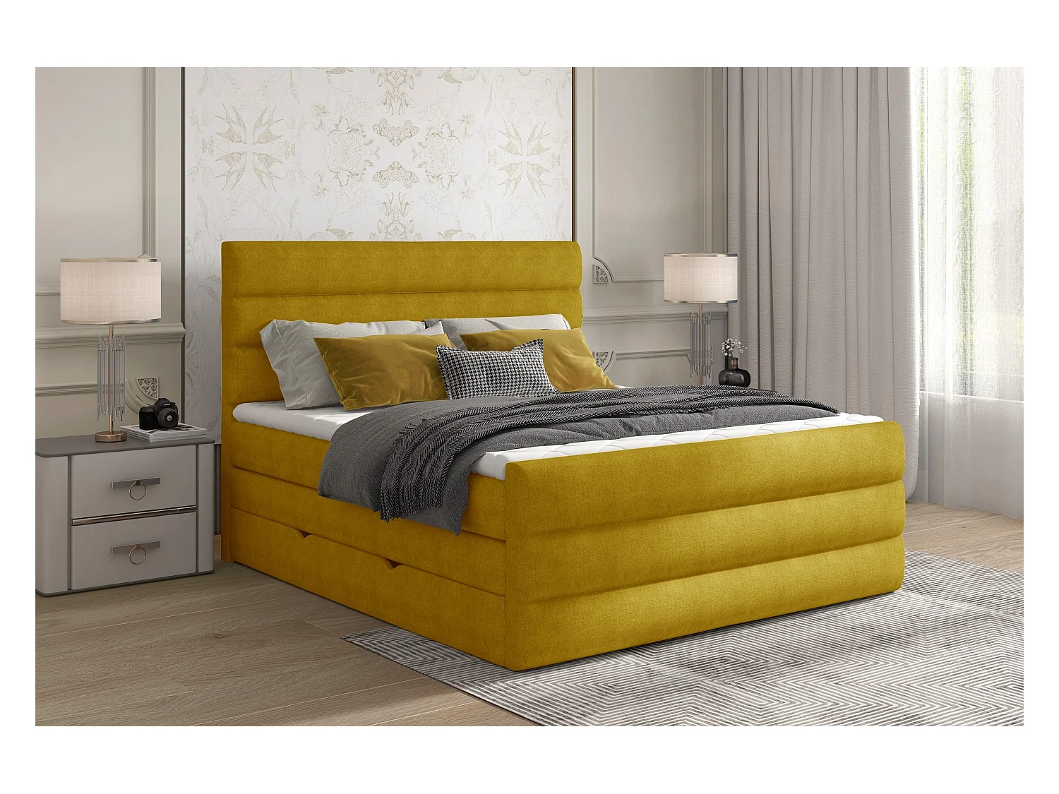 Box Spring Lit Nizze M (160x200)/Tissu-Jaune