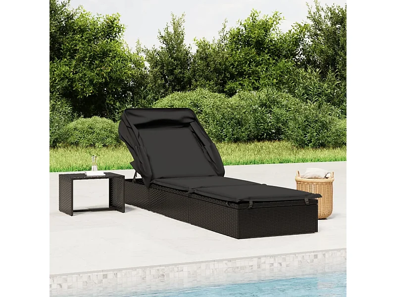Sonnenliege mit Faltdach Schwarz 213x63x97 cm Poly Rattan