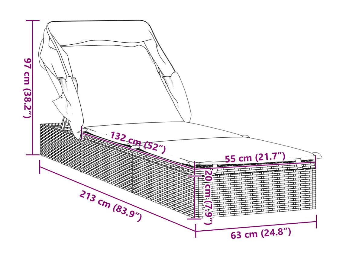 Sonnenliege mit Faltdach Schwarz 213x63x97 cm Poly Rattan