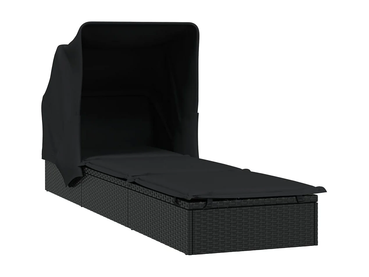 Lettino con Tetto Pieghevole Nero 213x63x97 cm Polyrattan