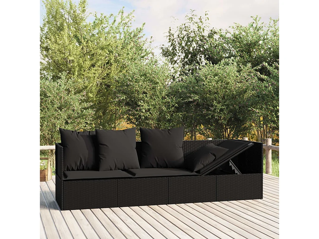 Lettino Prendisole da Esterno con Cuscini Nero in Polyrattan