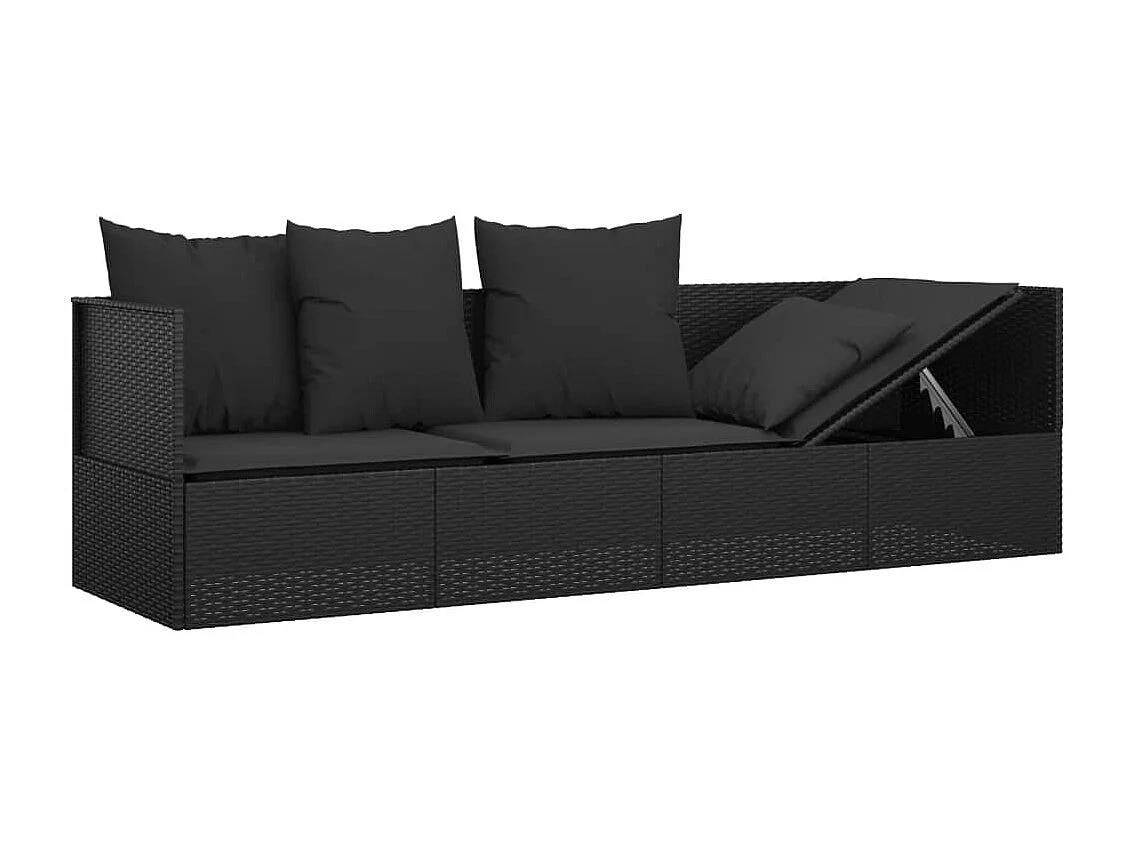 Lettino Prendisole da Esterno con Cuscini Nero in Polyrattan