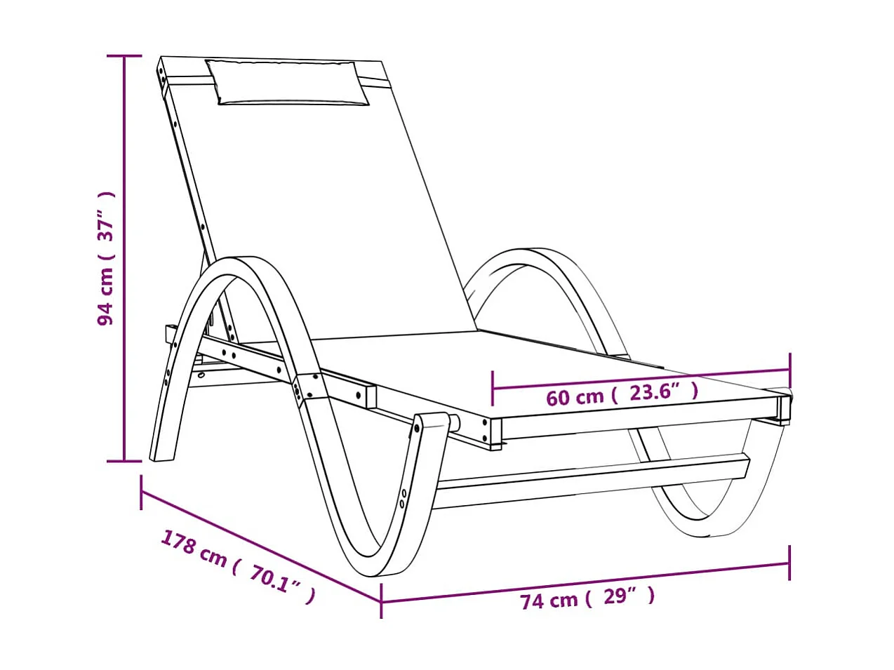 Chaise longue avec coussin gris textilène/bois massif peuplier