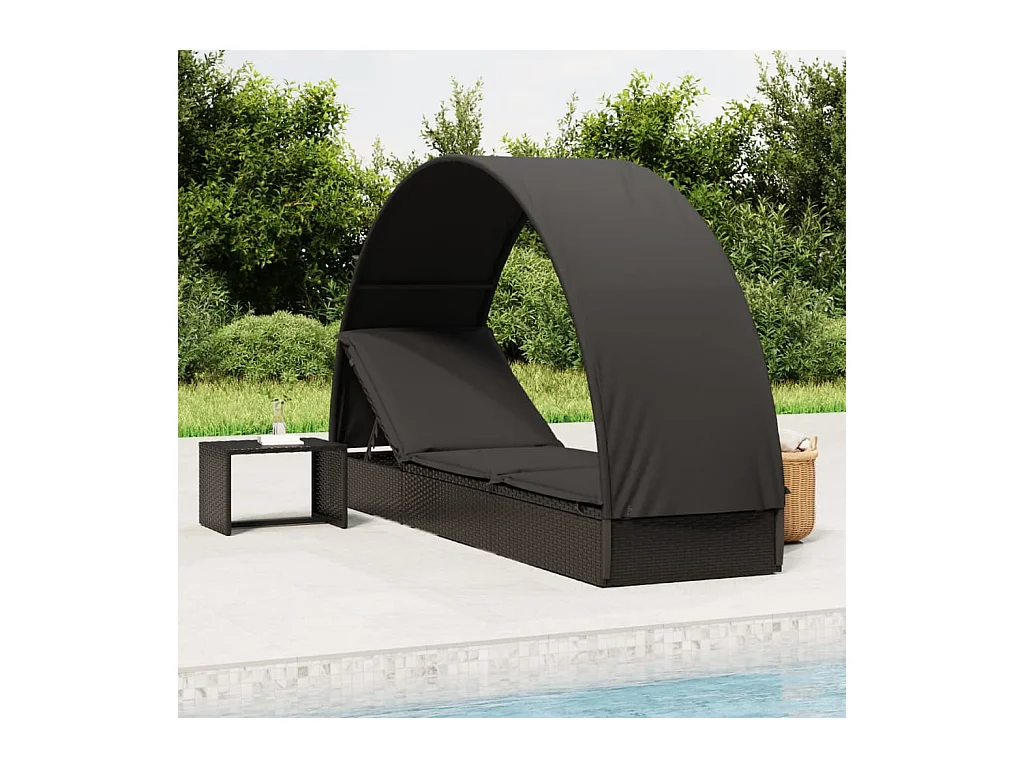 Chaise longue avec toit rond noir 211x57x140 cm résine tressée