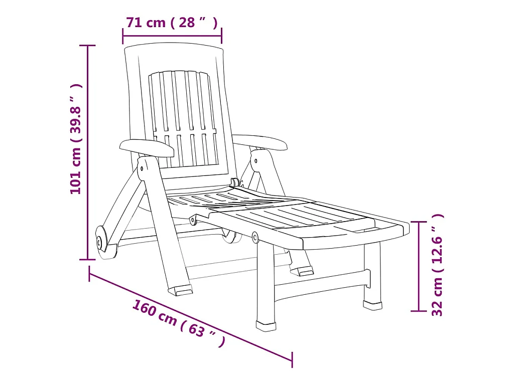 Chaise longue pliable avec roues vert PP
