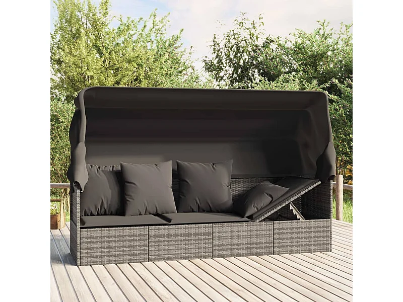 Lettino Prendisole Esterno Tetto e Cuscini Grigio Polyrattan