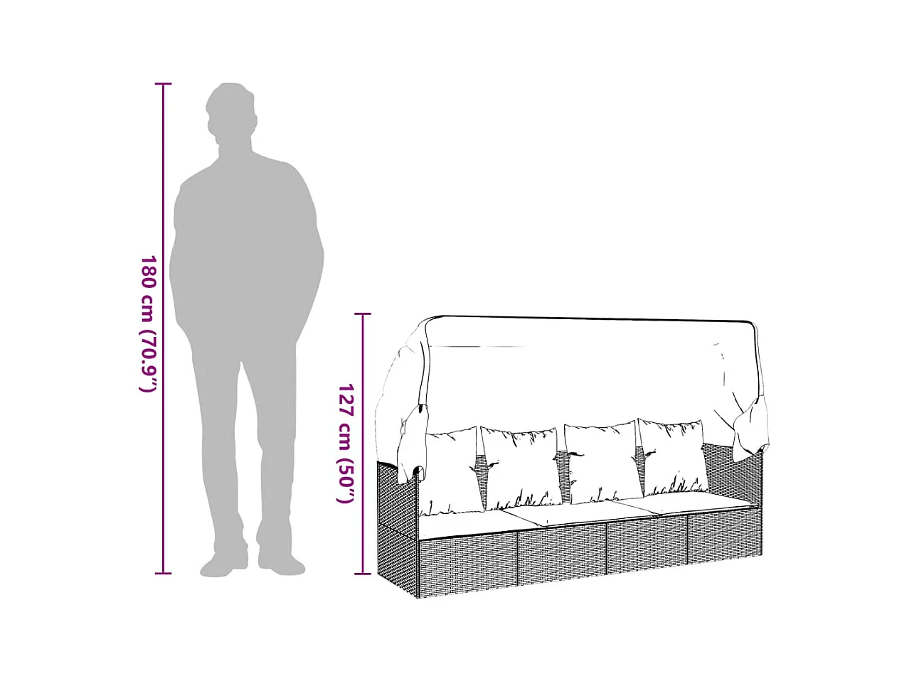 Lit de salon d'extérieur toit et coussins Gris Résine tressée