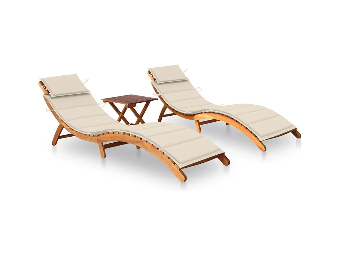 Chaises longues lot de 2 avec table et coussins Acacia solide