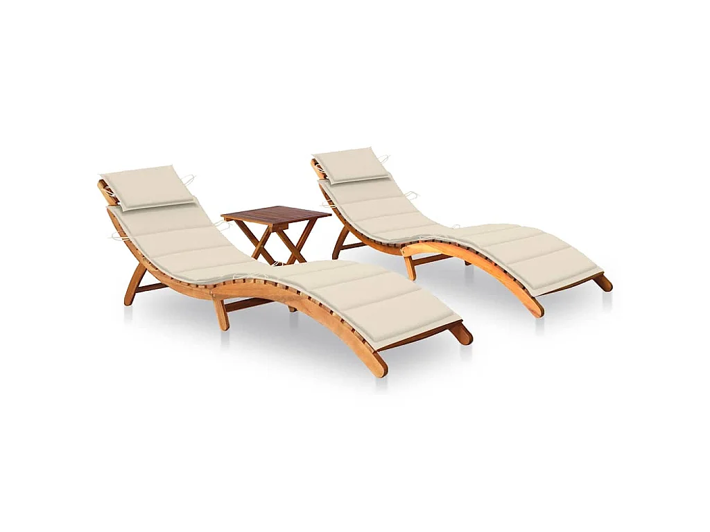Tumbonas 2 unidades con mesa y cojines madera maciza de acacia