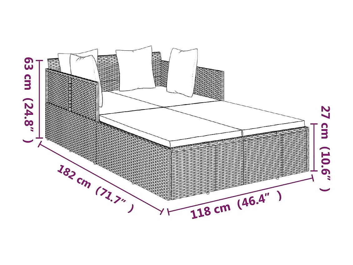 Chaise longue avec coussins gris 182x118x63 cm résine tressée