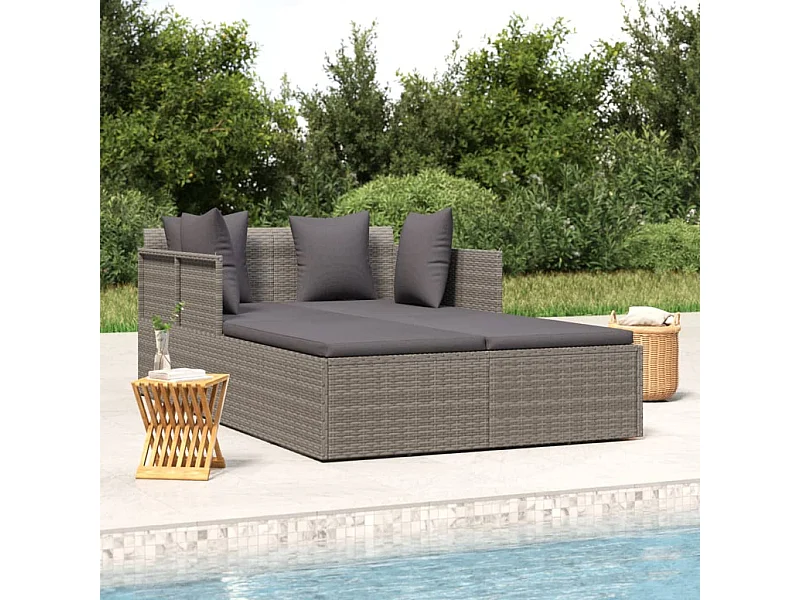 Chaise longue avec coussins gris 182x118x63 cm résine tressée