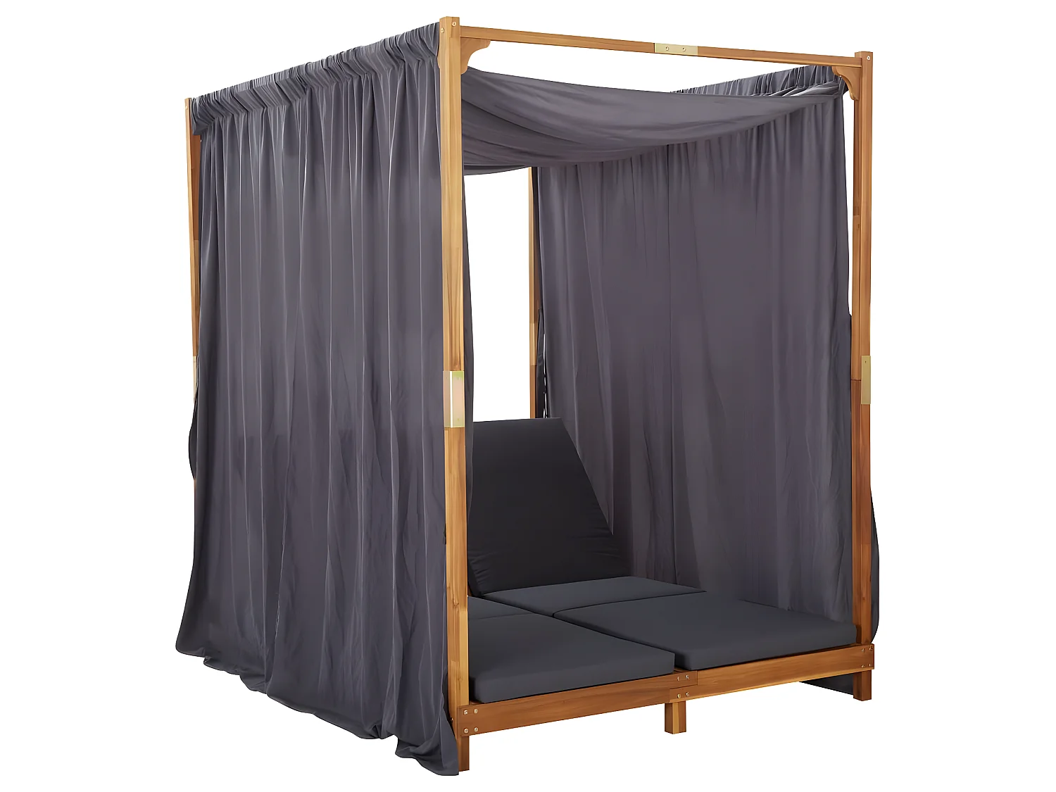 Lettino Prendisole Doppio con Tende e Cuscini in Legno Acacia