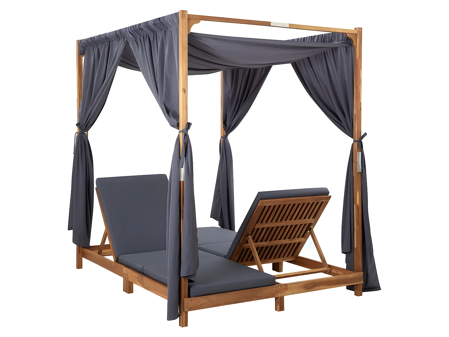 Lettino Prendisole Doppio con Tende e Cuscini in Legno Acacia