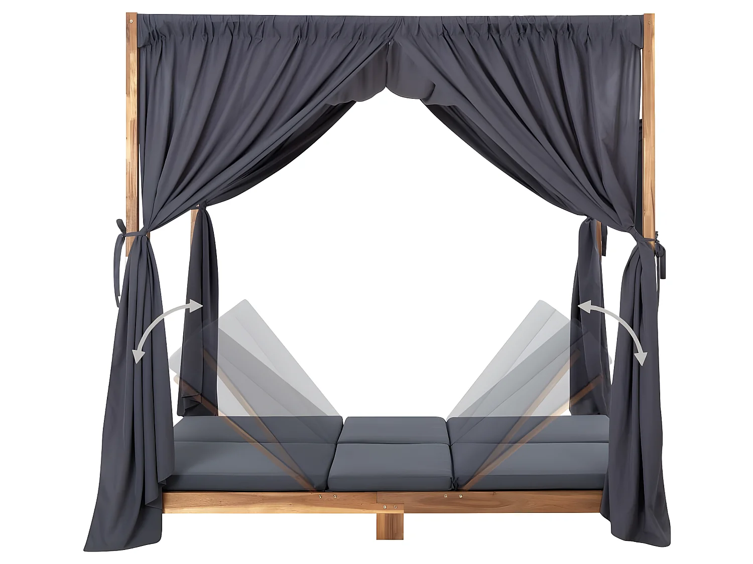 Lettino Prendisole Doppio con Tende e Cuscini in Legno Acacia