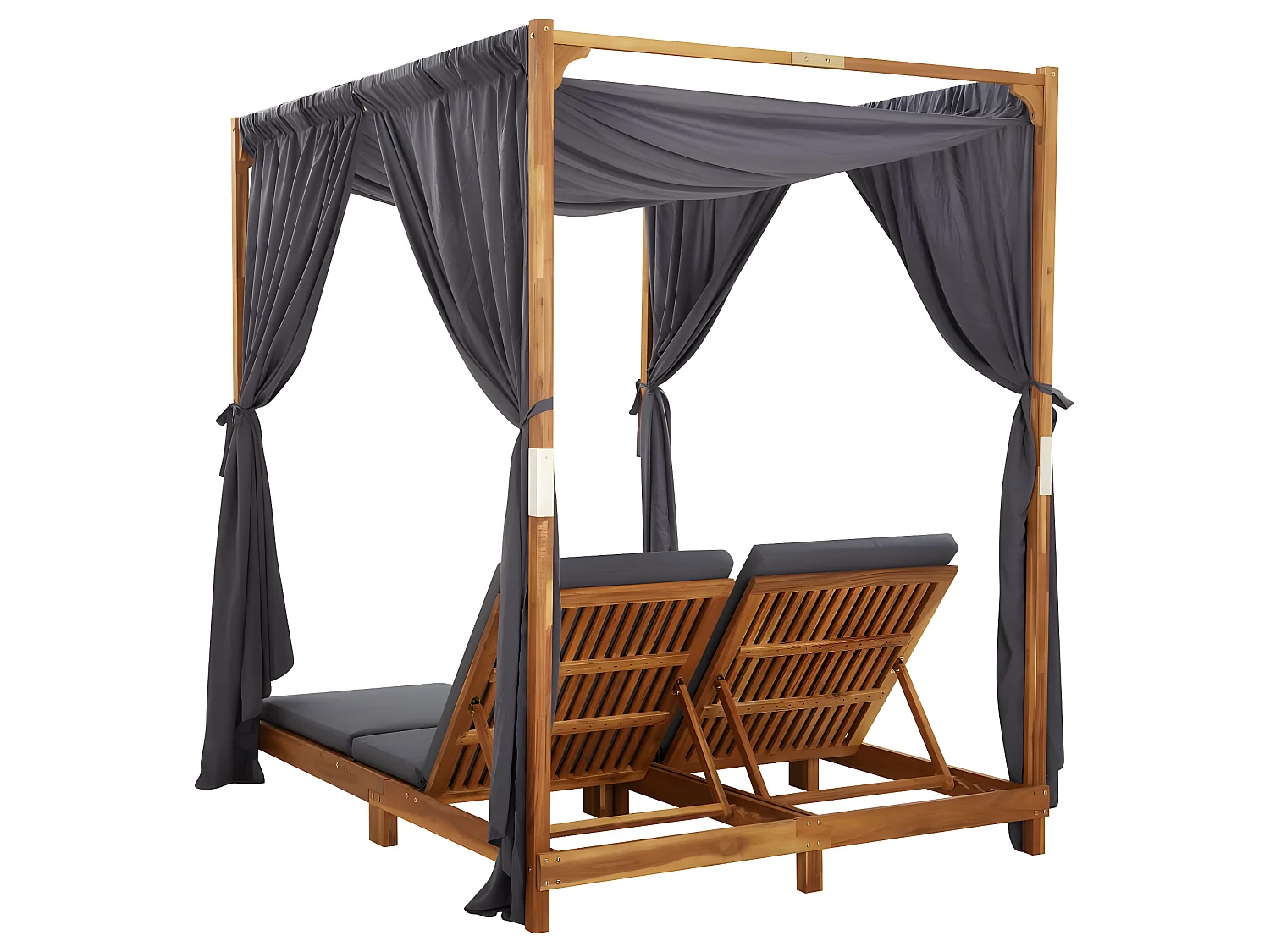 Lettino Prendisole Doppio con Tende e Cuscini in Legno Acacia