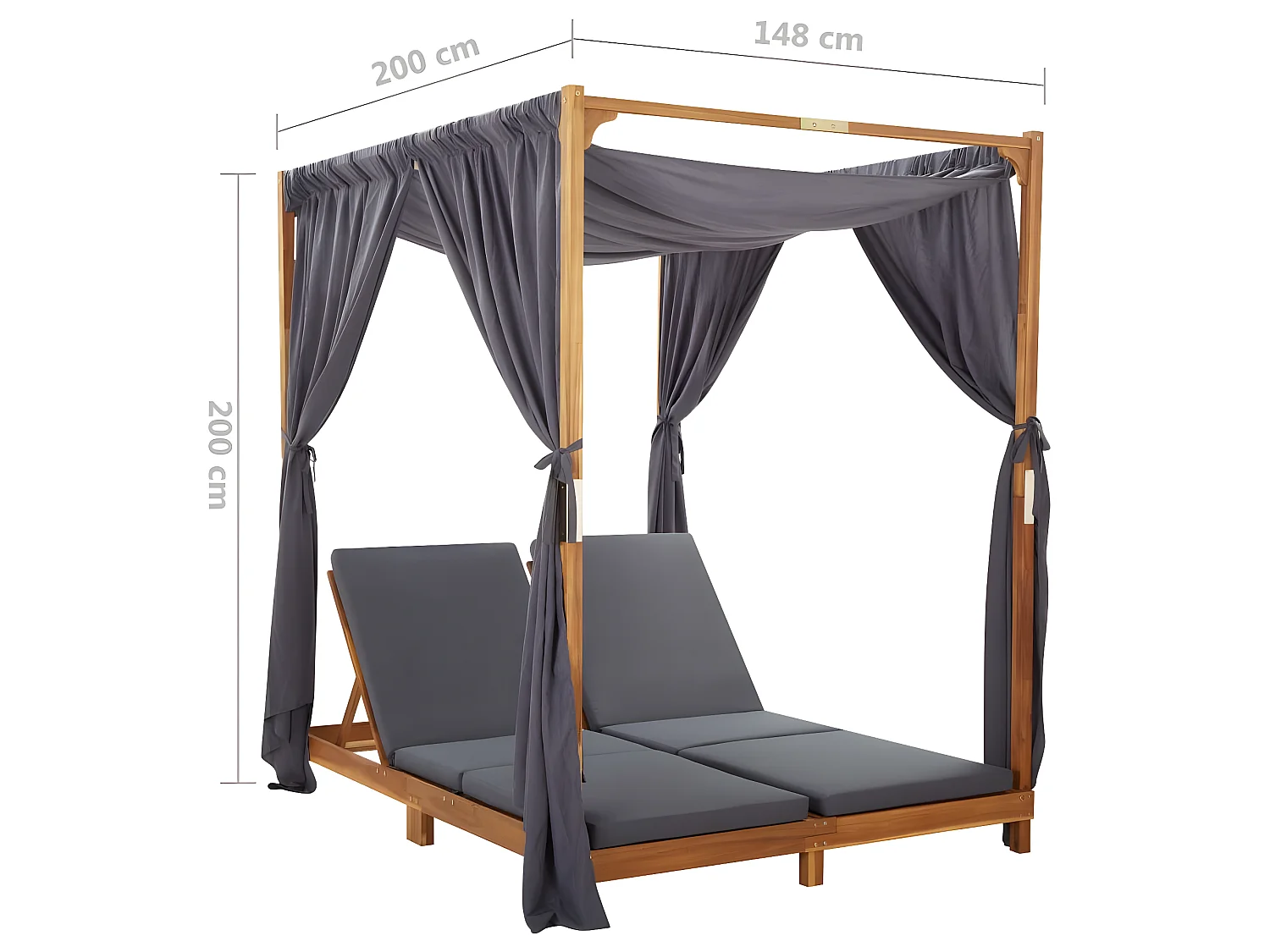 Lettino Prendisole Doppio con Tende e Cuscini in Legno Acacia