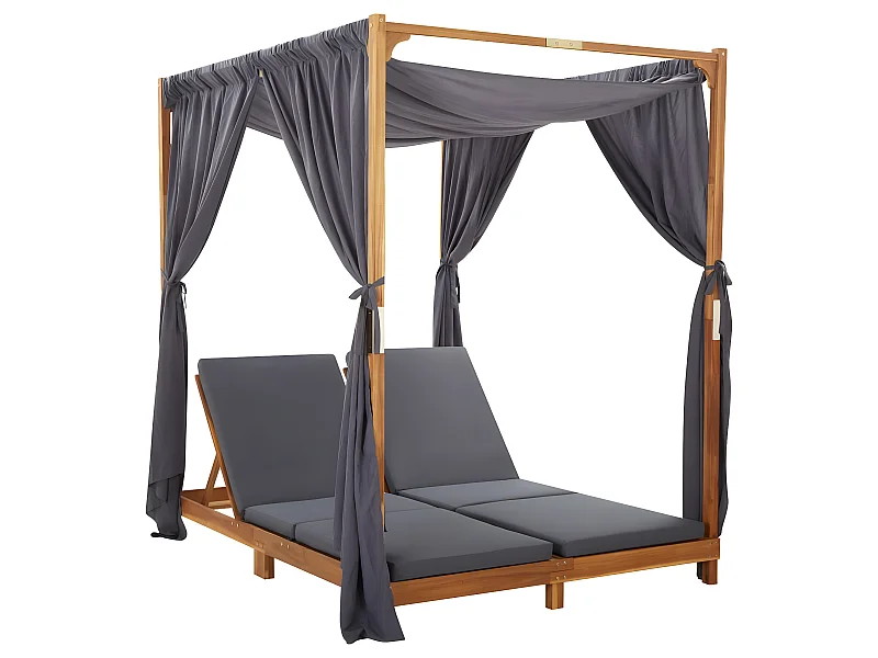 Lettino Prendisole Doppio con Tende e Cuscini in Legno Acacia