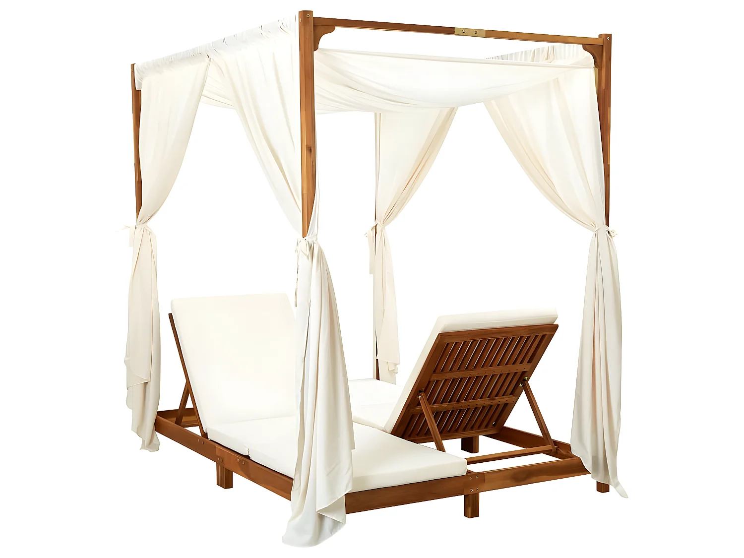 Doppel-Sonnenliege mit Vorhängen und Auflagen Akazie Massivholz