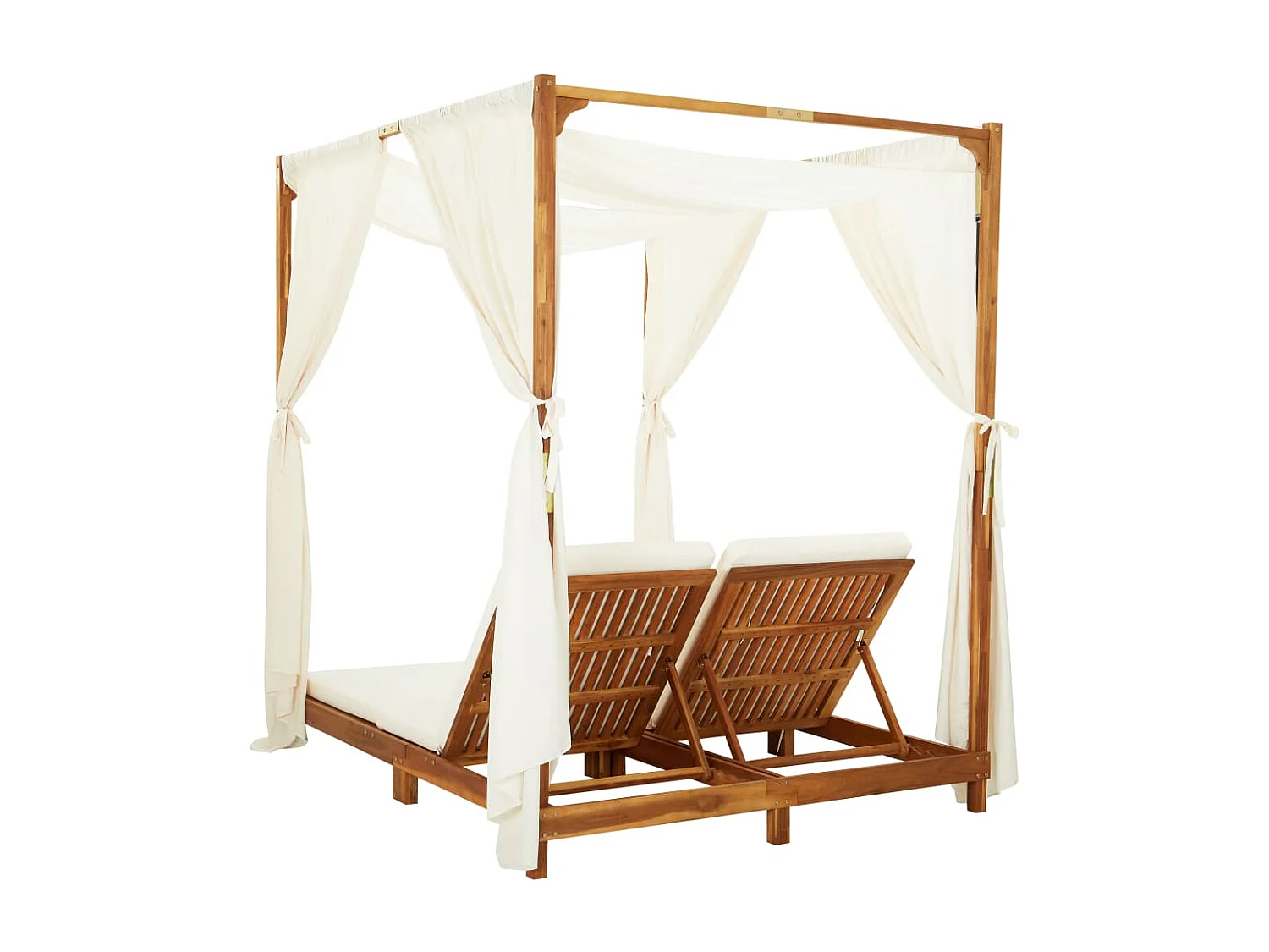 Doppel-Sonnenliege mit Vorhängen und Auflagen Akazie Massivholz